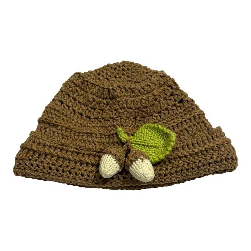 Crochet Hat Brown Knit Acorn Hat Handmade Size OS